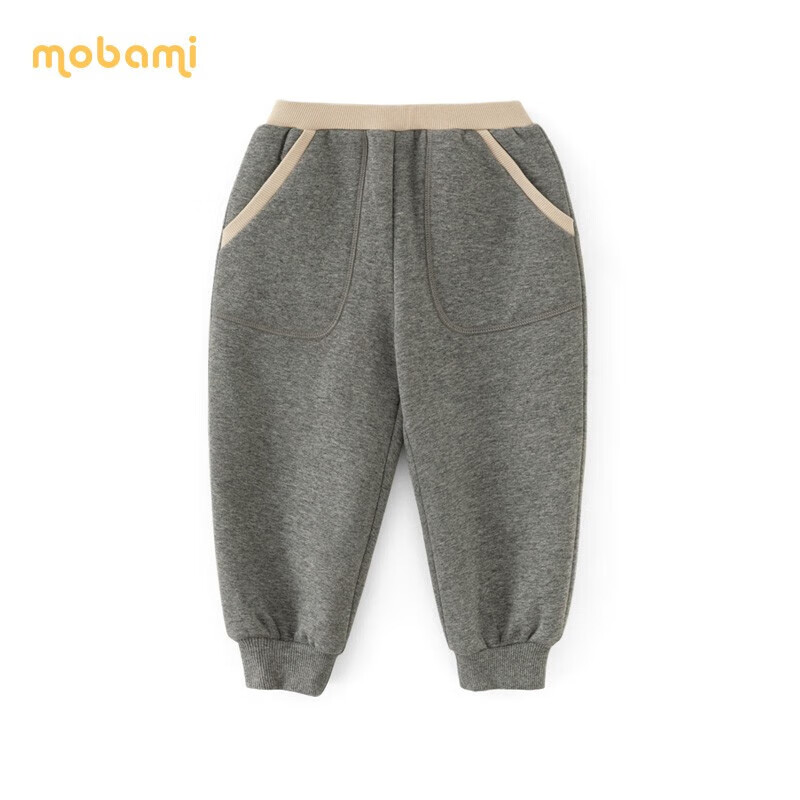 摩芭米mobami秋冬儿童裤子加绒加厚卫裤蓬松保暖束口裤耐磨抗造儿童裤子 碳灰 130