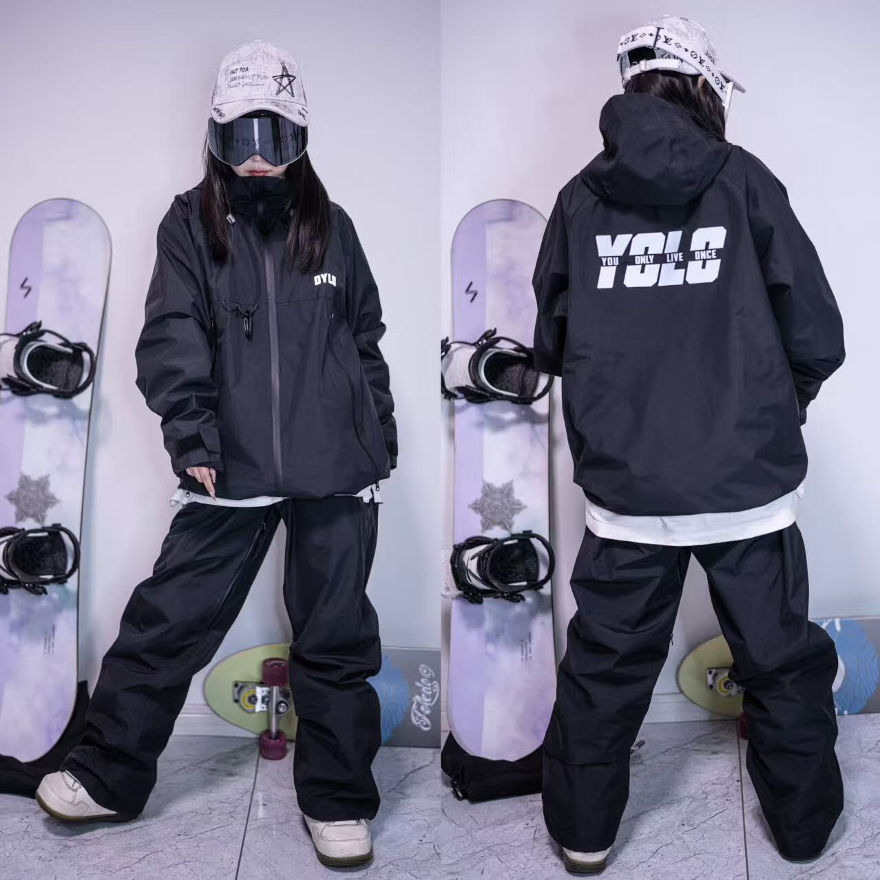 ARCKROKDYL3L滑雪服女款单双板滑雪服套装防水防风保暖滑雪衣裤单板滑雪装备 武士黑 套装 M