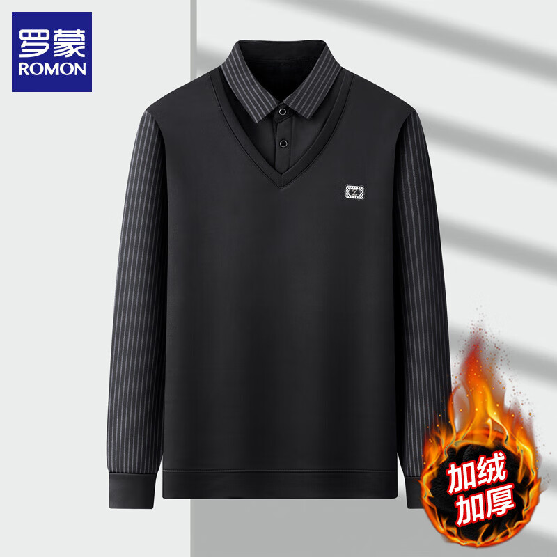 罗蒙（ROMON）假两件毛衣男加绒秋冬季新款保暖衬衫领男士条纹打底针织毛衫 黑色 加绒 XL (建议135-150斤)