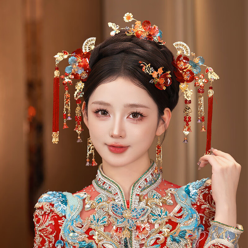 古耐新娘秀禾头饰金色凤冠中式结婚古装流苏发饰显脸小秀禾服配饰大气 重工艺-花田喜事秀禾套装（耳夹款）