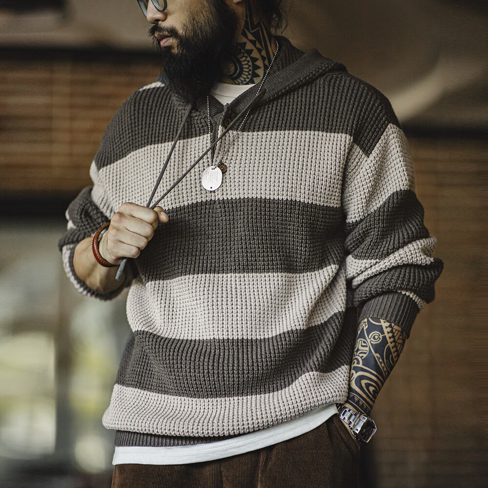 马登工装 复古撞色条纹连帽针织衫男秋季休闲百搭套头卫衣学院风毛衣 铅灰条 L