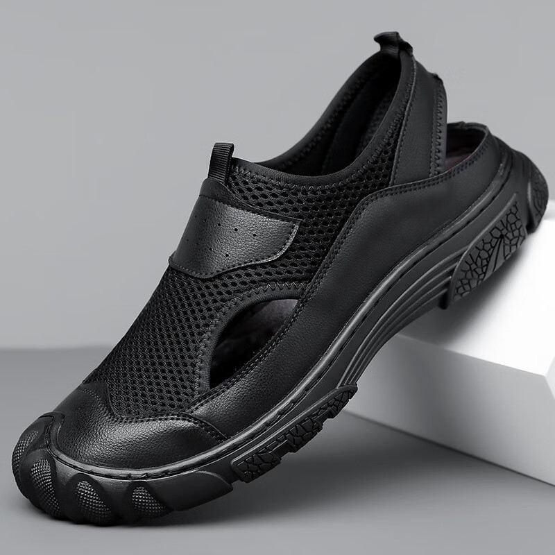 双零度凉鞋男士一脚蹬休闲沙滩鞋网面透气男鞋驾车鞋洞洞鞋 黑色 38