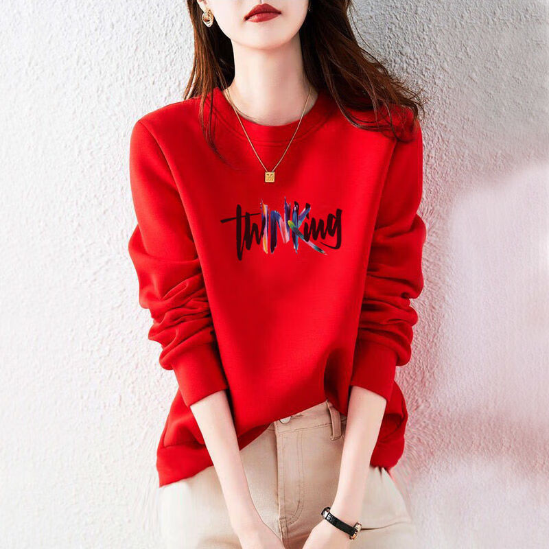 特奇玛山东即墨卫衣加绒高档红色卫衣女潮ins2023年新款女装长袖上衣