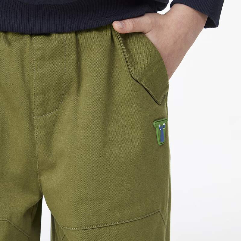 MQD童装男童休闲裤复古潮酷儿童户外工装风运动长裤子 军绿 130