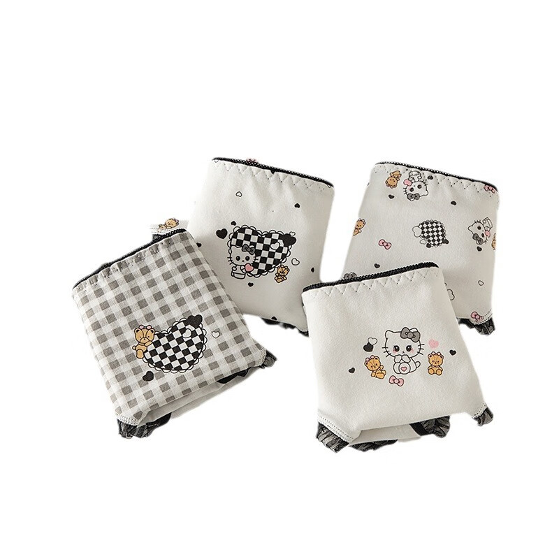 caramella纯棉内裤女透气三角裤甜美清新女士短裤少女大童内裤 黑白蕾丝卡通款混色 3条 均码 （适合85-120斤）