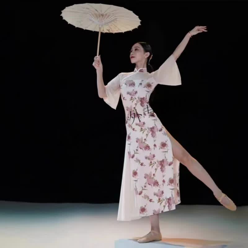 炫逐夏辉同款人间烟火古典舞蹈服中国风跳舞专用弹力旗袍练功演出服装 粉色印花旗袍 #13 S