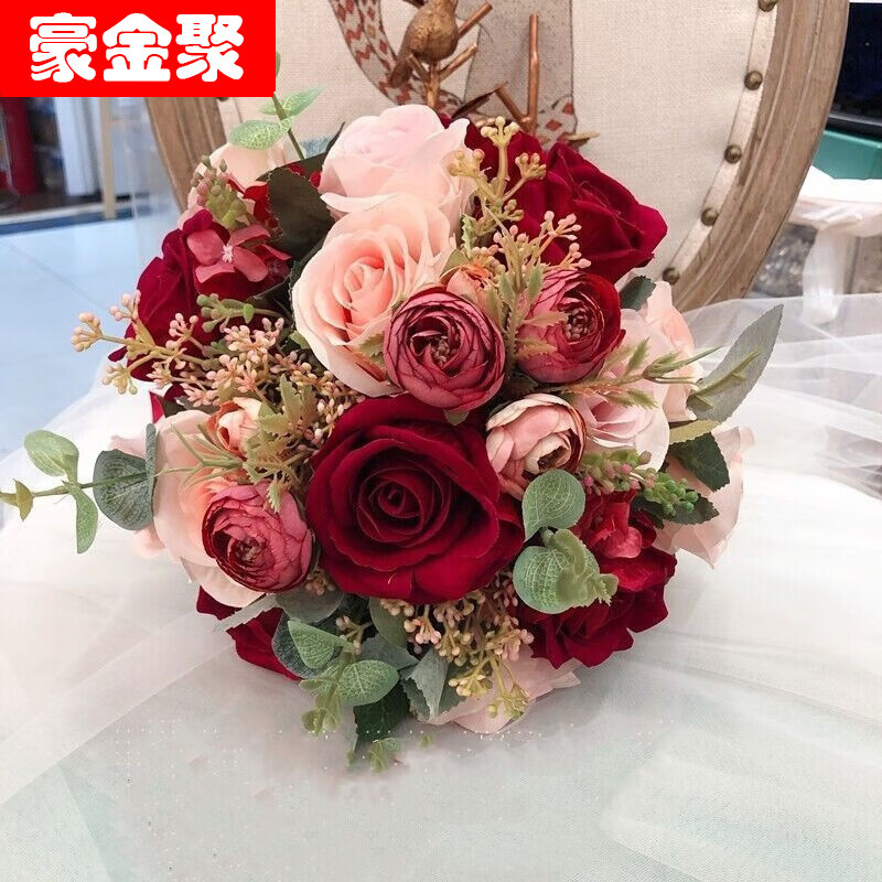 豪金聚结婚手捧花  新娘手捧花 红色绒布玫瑰手捧花 结婚拍照手捧花