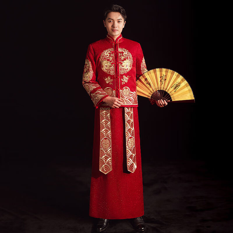 服男冬季 秋冬新款中式结婚大码新郎敬酒礼服汉服婚服龙凤褂 雨琪男款