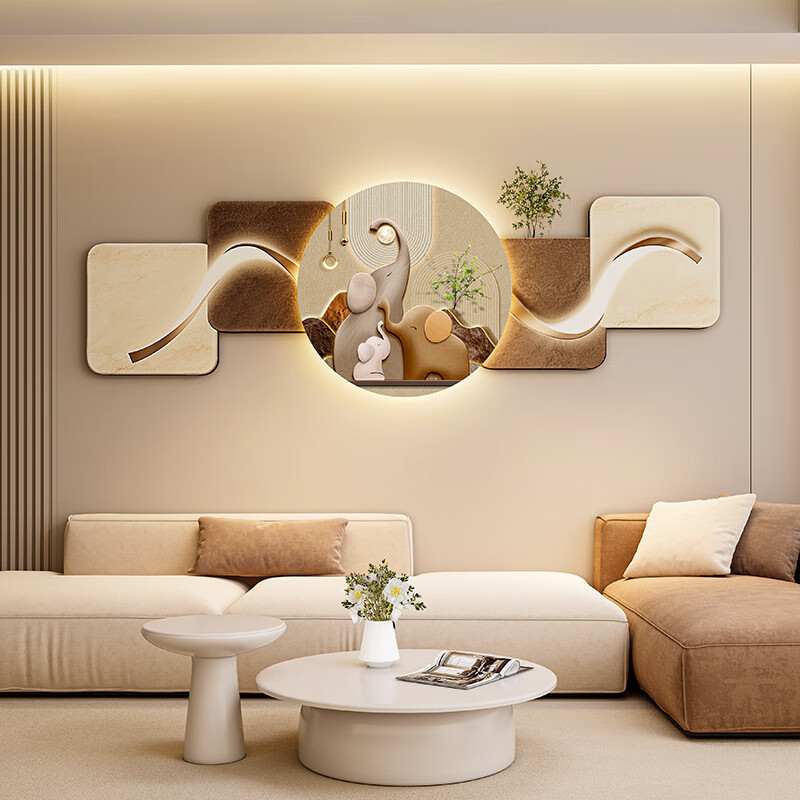 客厅装饰画现代简约沙发背景墙挂画LED灯光画侘寂风免打孔壁画 鎏金款-福鹿生财 遥控灯带充电宝大款70*210cm