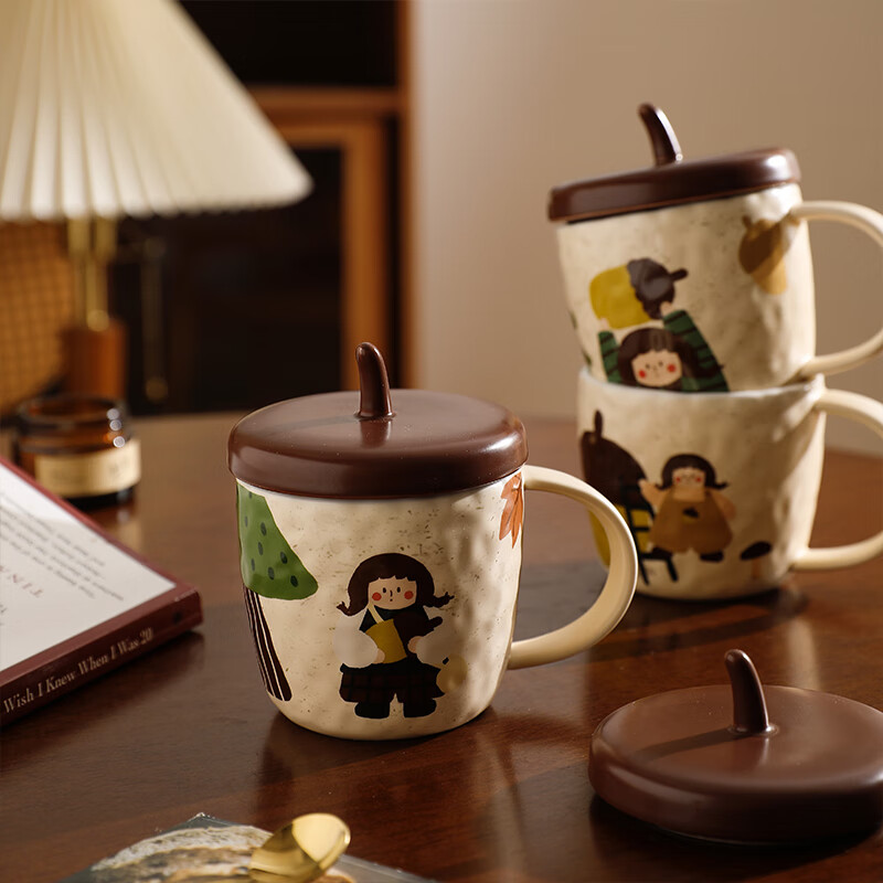 舍里松果陶瓷马克杯情侣带盖高颜值水杯女家用办公室早餐杯咖啡牛奶杯