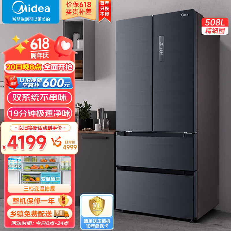 美的（Midea）冰箱法式多门 十字对开门 一级能效 风冷无霜 家用商用智能电冰箱 508升|双系统BCD-508WTPZM(E)银灰