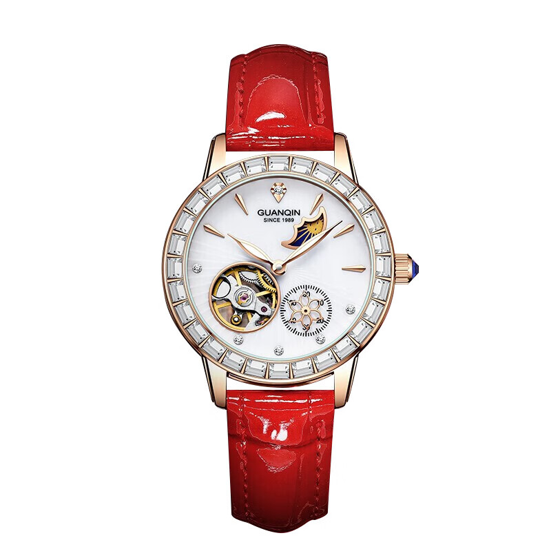冠琴（GUANQIN）手表女全自动机械表明星同款镂空飞轮女士手表国表礼物送女友老婆 红皮玫金白面（女神气质）