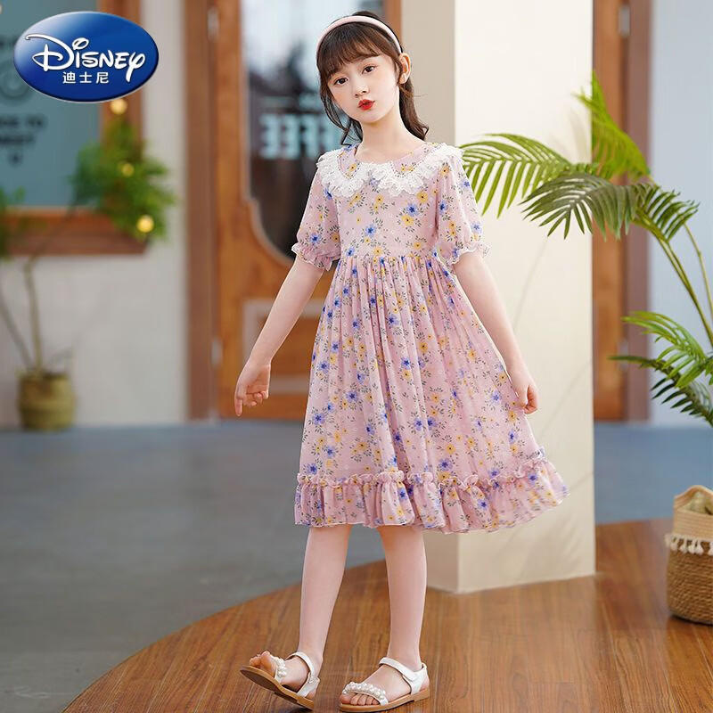迪士尼（Disney）女童连衣裙新款雪纺短袖夏季薄款沙滩裙小女孩公主裙六一舞蹈服装 粉色 110