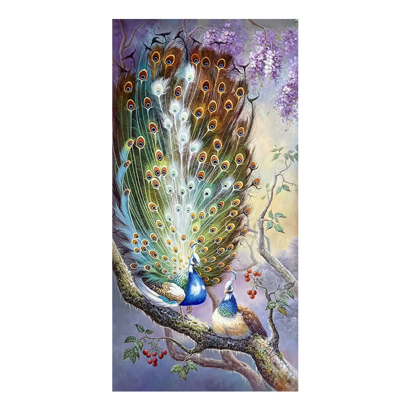 新中式紫气东来孔雀开屏手绘油画客厅装饰画玄关正对门吉祥鸟挂画