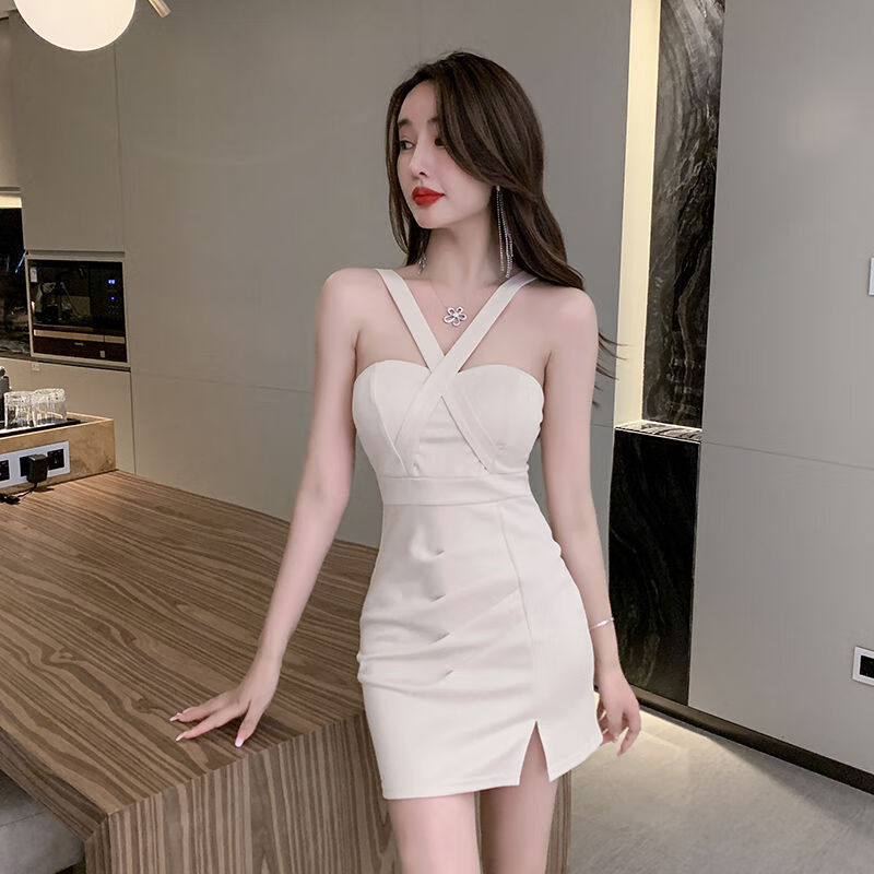 vjwk女气质夏连衣裙夜总店性感连衣裙低胸露臀裙夜店会所女 白色 s
