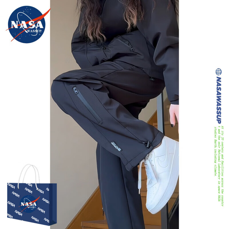 NASAWASSUP潮牌美式户外防风防水冲锋裤子男春夏季三防休闲运动登山工装裤子 黑色 裤脚可调【男女同款】直筒-K33 常规 XL 【建议120-140斤】