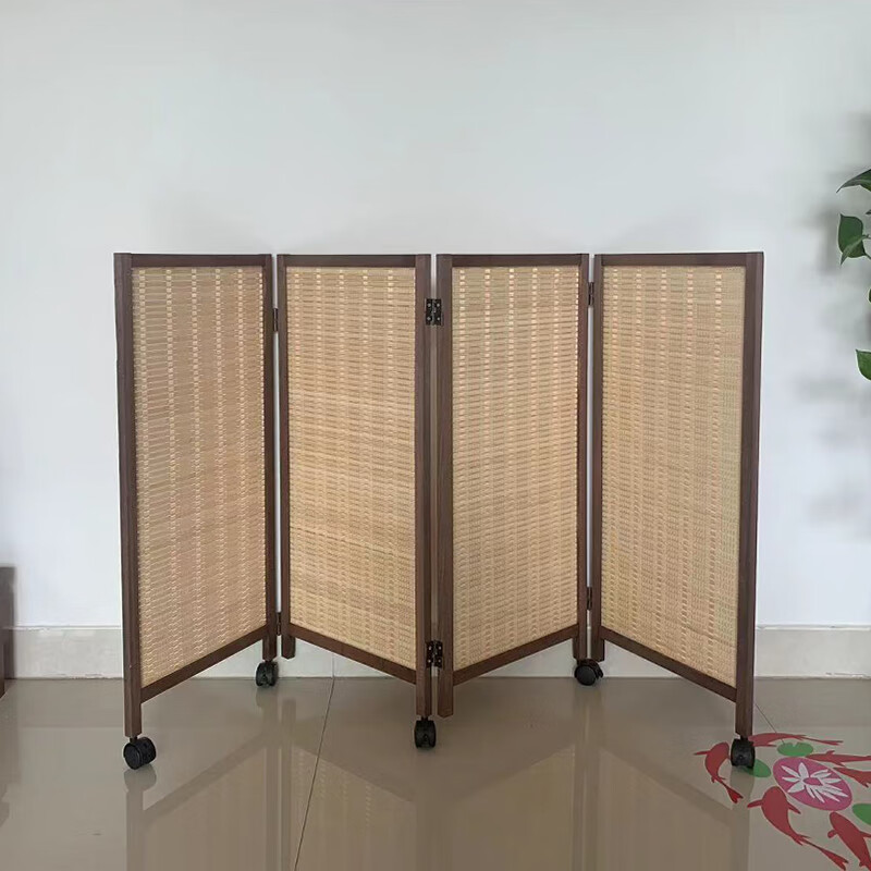 君始折叠屏风带轮移动屏风折叠移动带滑轮竹编幼儿园小屏风玄关隔断宠