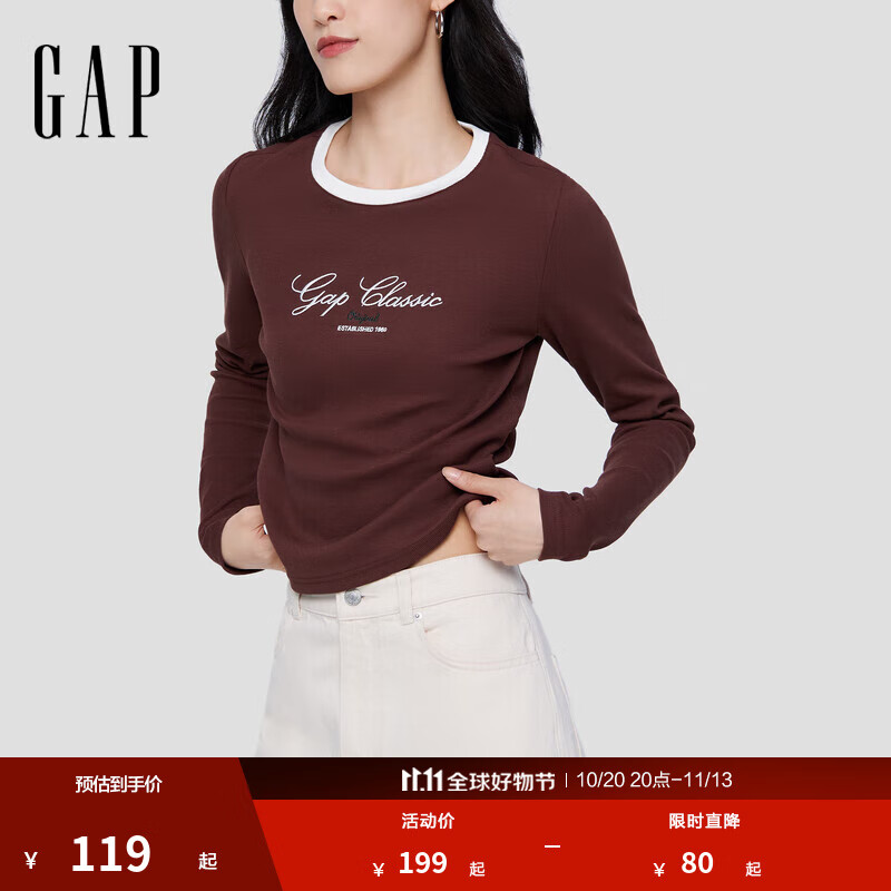 GAP女装2025秋季新款刺绣logo修身圆领针织长袖休闲上衣792652 棕色 M (165/88A) 亚洲尺码