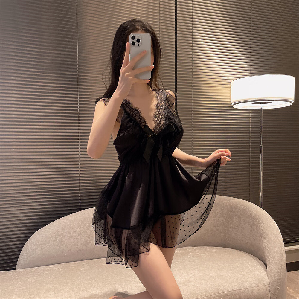 性感睡衣女网纱蕾丝纯欲风家居服法式内衣女吊带睡裙 黑色睡裙+内裤 均码（80-125斤