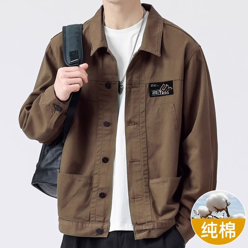 啄木鸟（TUCANO）纯棉春秋牛仔外套男2025秋季新款男士复古工装夹克男装休闲上衣服 咖啡色【常规款】 L 推荐【120-140斤】