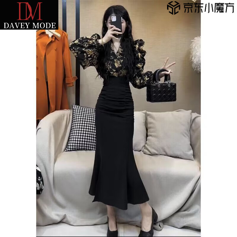 DAVEY MODE小個子套裝連衣裙女2025春夏季新款法式泡泡袖碎花衫+魚尾裙 碎花襯魚尾裙【套裝】 2XL