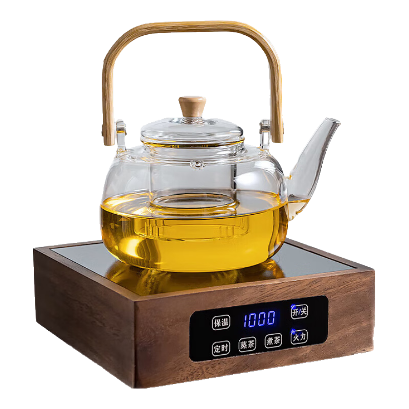 正揚胡桃木電陶爐煮茶器套裝耐高溫玻璃煮茶壺煮水燒水泡茶白茶煮茶爐 胡桃爐（藍燈數(shù)顯）+900提壺
