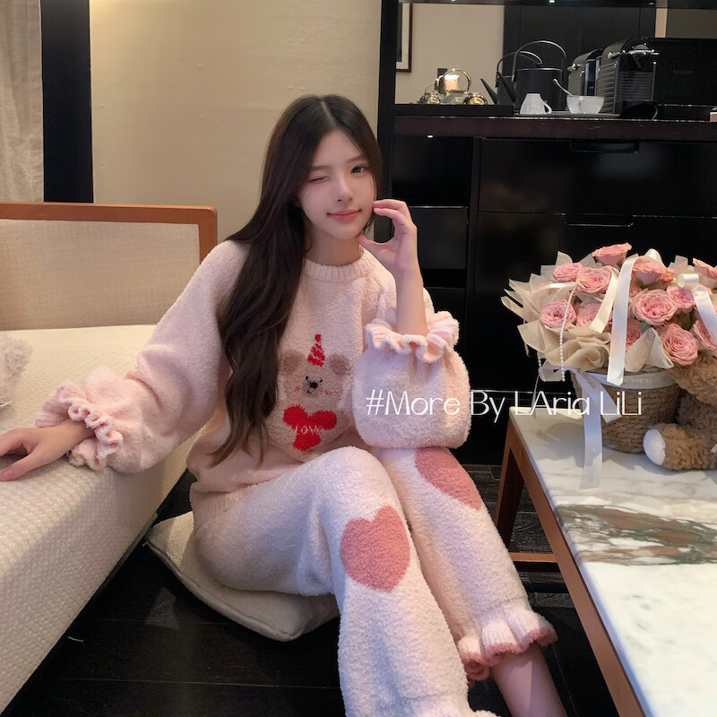 JTTCAC笨蛋小熊 半边绒睡衣女秋冬款2024新款加绒加厚秋冬季家居服套装 粉红色 均码