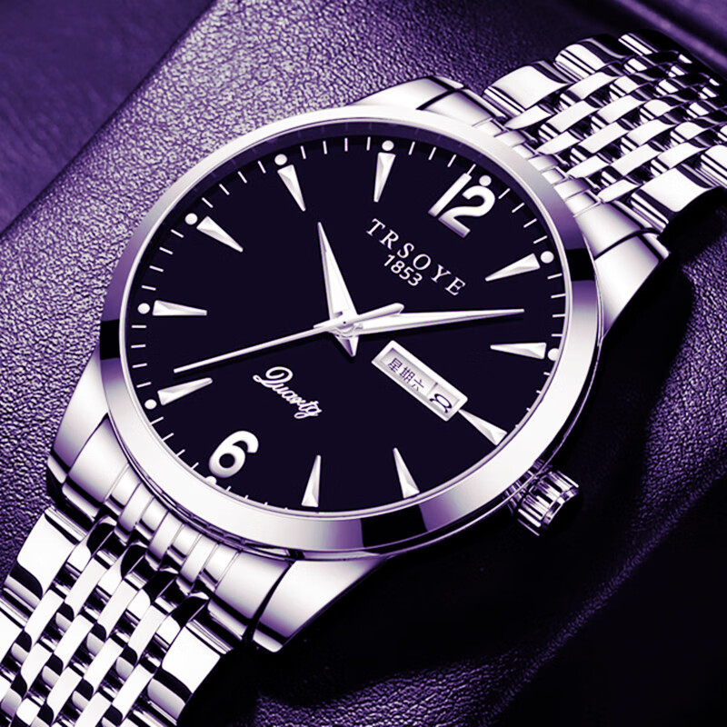 CLNAI时尚潮流男表防水夜光双日历星期钢带大气男士手表男款考试腕表 间金白面【日期+星期+夜光】 39mm