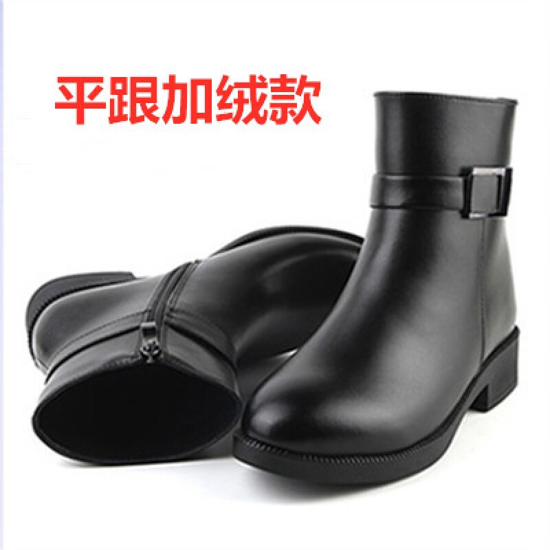 军训靴女士冬季 新款毛皮鞋常服绒皮鞋平跟拉链保暖羊毛棉靴加绒短靴