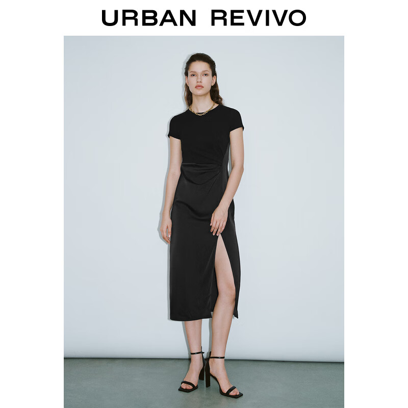 UR秋季新款女装时髦气质拼接褶皱收腰连衣裙UWG740159 正黑 S