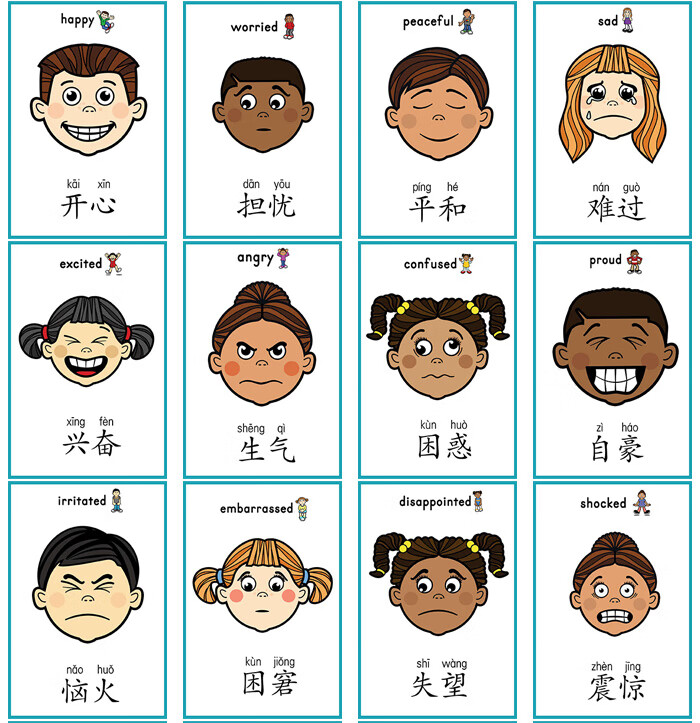 burjuman情绪认知脸谱情绪感觉表情英文单词卡片幼儿童闪卡认知脸谱