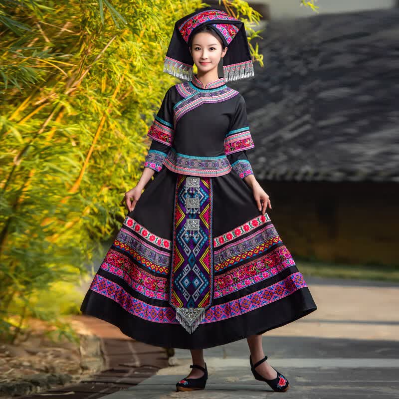 艾方鸟三月三少数民族女套装壮族传统服装瑶族表演服竹竿舞舞蹈服演出