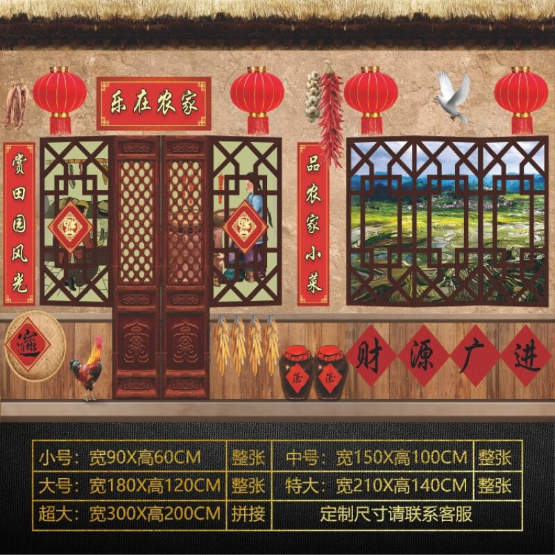 側(cè)目自粘墻壁墻貼畫飯店墻面裝飾貼畫農(nóng)家樂背景墻貼紙東北鐵鍋燉土菜 財源廣進 超大寬300cm*高200cm-三段