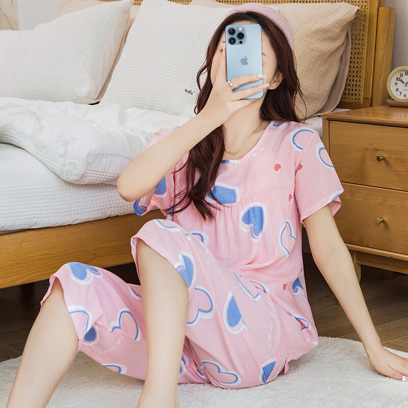 女夏装宽松短袖七分裤两件套装人造棉家居服薄1款外 6641-粉红青色 l