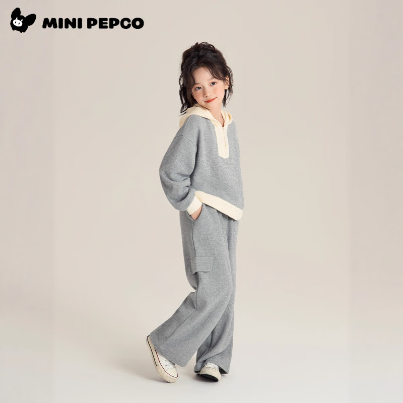 小猪班纳（PEPCO）男女童春秋季套装新款休闲显瘦减龄拼接拉链复古阔腿裤运动休闲套 女童套装(花灰色) 160 *建议身高150-160cm