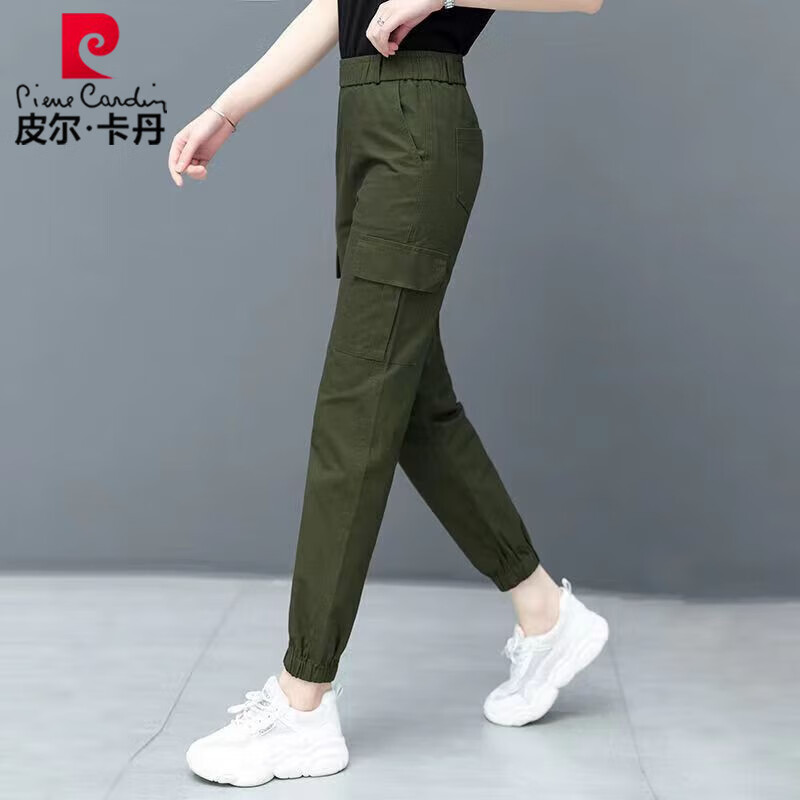 皮爾卡丹純·棉休閑褲女春秋新款原宿風哈倫風工裝褲寬松百搭潮流褲子女 軍綠色 L 95-110