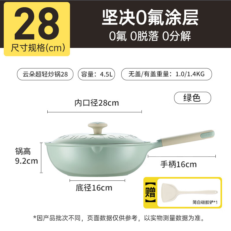 炊大皇（COOKER KING）无氟涂层不粘锅炒锅家用聚油不沾锅燃气电磁炉用钛锅炒菜锅 【绿色 带锅盖 0涂层】超轻 有钛耐磨 1-3人用 28cm