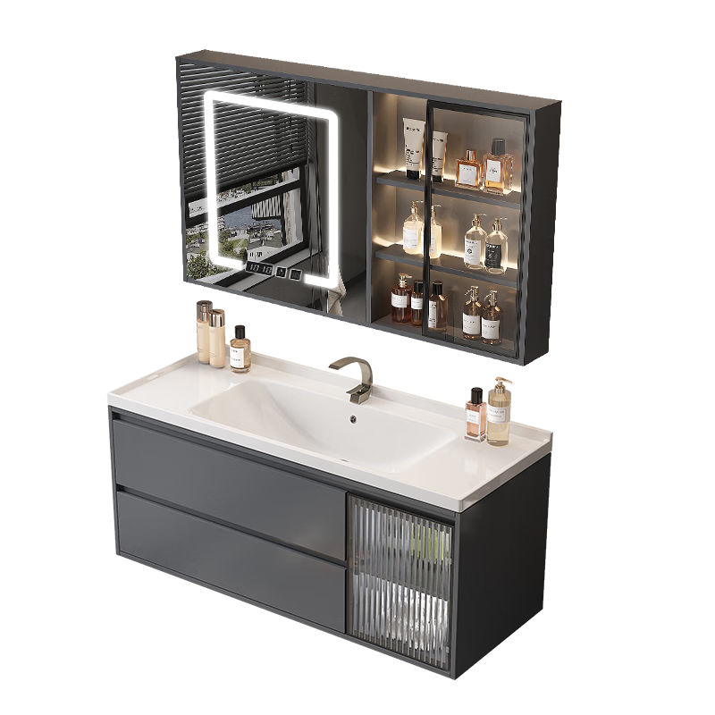 歐帝奴(OUDINU)智能浴室柜 衛(wèi)生間洗手洗臉盆柜組合衛(wèi)浴陶瓷一體盆洗手盆洗漱臺 奶油智能收納柜+陶瓷盆 80cm