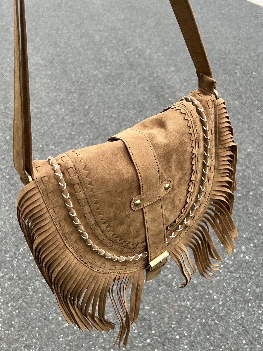 流苏包2023新款仿麂皮美式女复古马鞍包时尚单肩小包斜挎 驼棕色