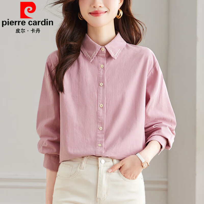 cardin)纯棉小个子长袖衬衫女春秋季新款女装上衣蓝色设计感时尚宽松