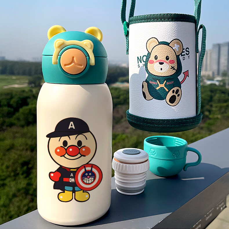 日韩卡通儿童保温杯插画面包超人萌可爱316不锈钢吸管真空水杯子 600