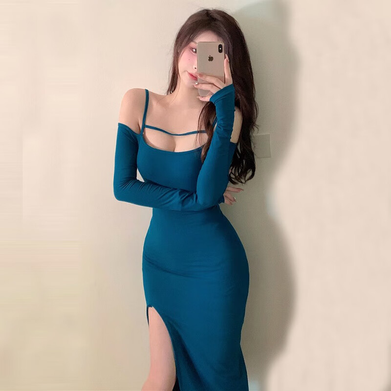 纷资言春夏高开叉连衣裙晚礼服性感深v辣妹低胸女神吊带长裙一字肩