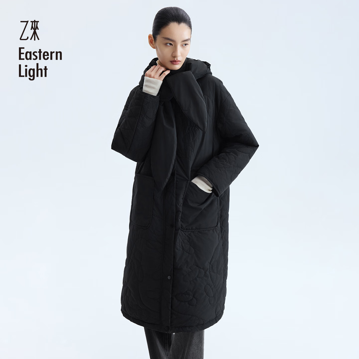 乙来【甄选90%大朵白鸭绒】E标绗缝长款连帽羽绒服女冬季外套衣服加厚 夜空黑 M