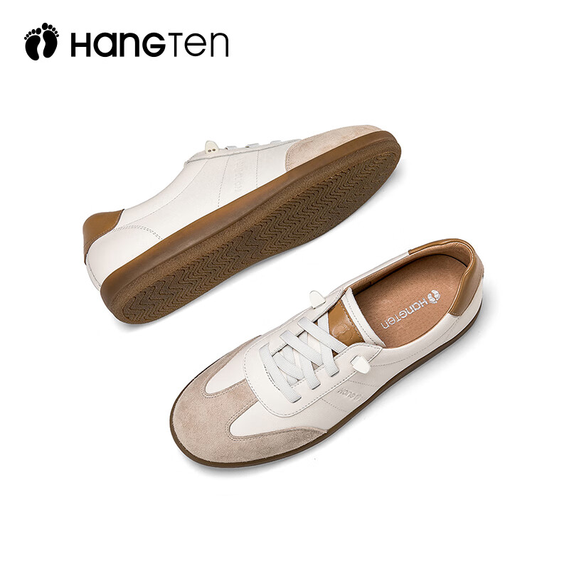 欢腾(HANG TEN)休闲运动鞋女复古潮流时尚百搭板鞋女防滑耐磨平底德训女鞋 米白棕(皮鞋码) 39