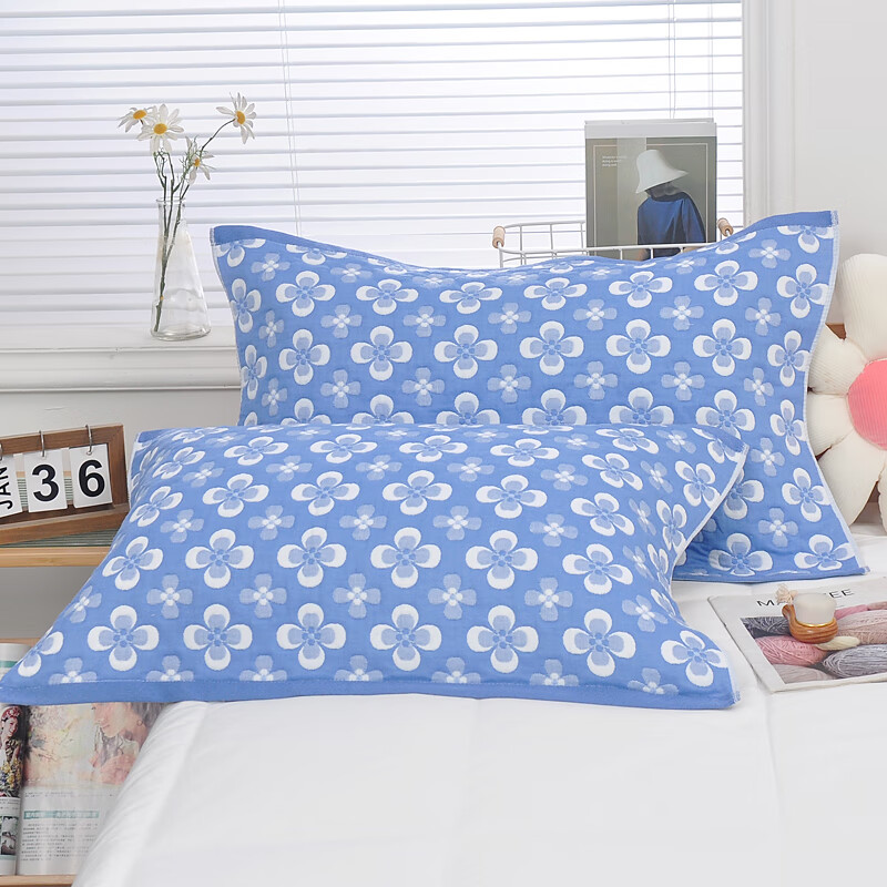 多喜愛（Dohia）純棉枕巾一對裝全棉紗布加大加厚枕頭巾四季學(xué)生成人78*52厘米 小梅花淺藍(lán)一對裝(2條)