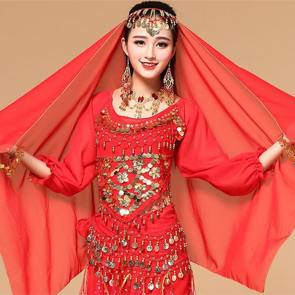 流彗新疆舞蹈头饰肚皮舞头纱头巾新款民族舞舞印度表演出雪纺吊币纱巾