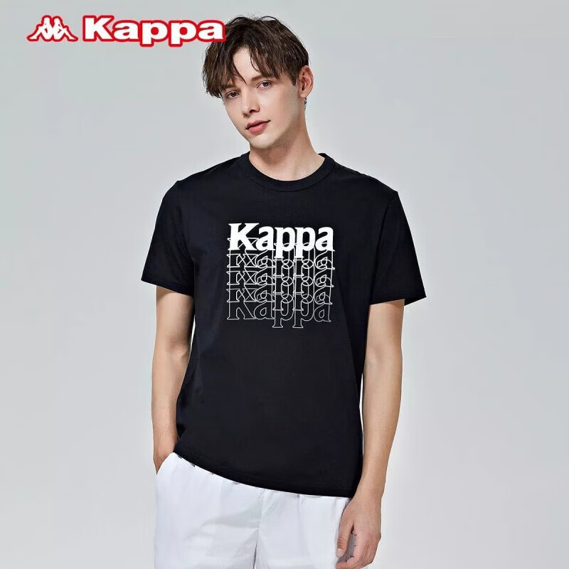 kappa卡帕背靠背彩图印花纯棉短袖男女kp情侣t恤宽松运动半袖 黑色大