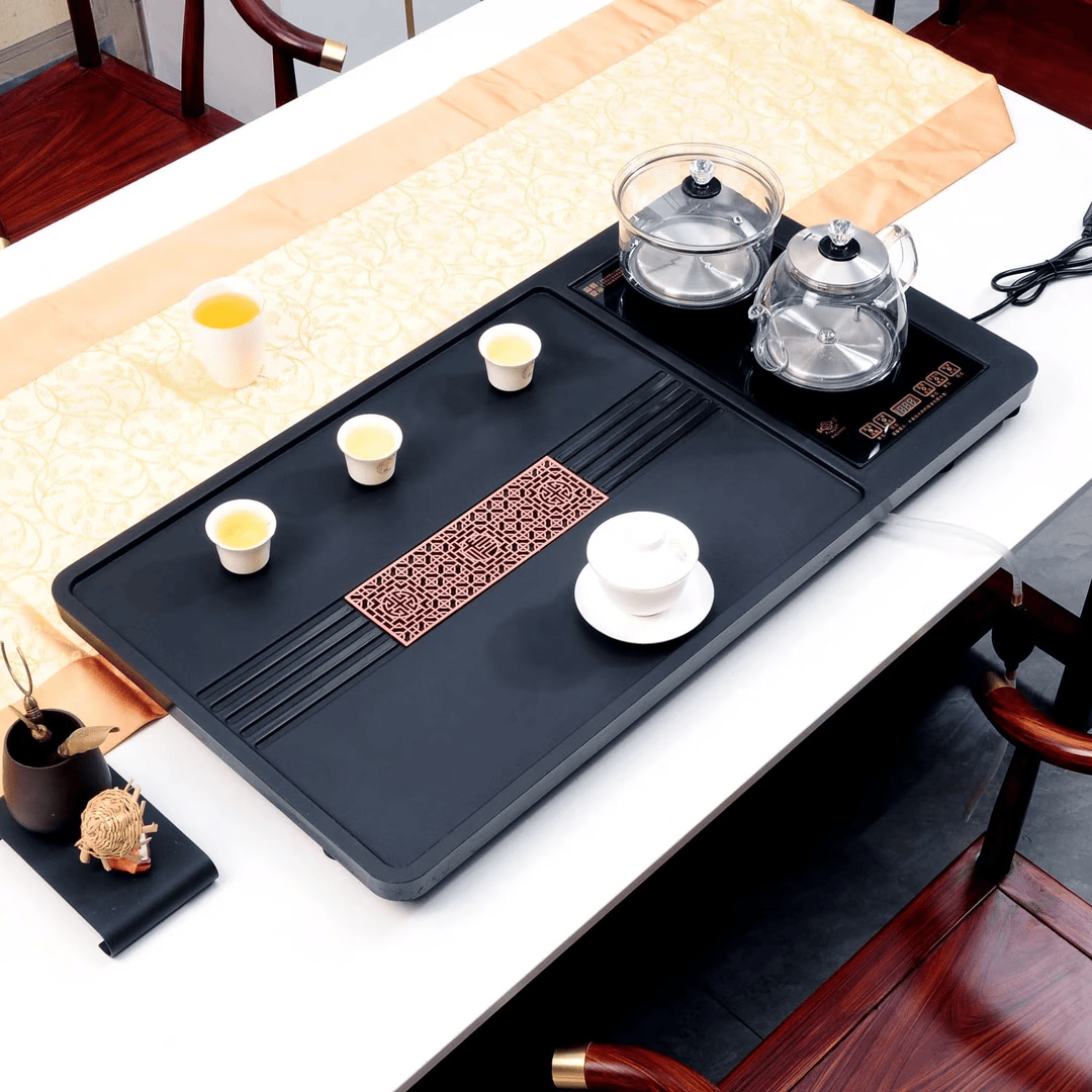 合成乌金石茶盘套装全自动上水一体石茶盘整套办公家用茶台茶盘 (一体式)85*45长窗花+玻璃电炉