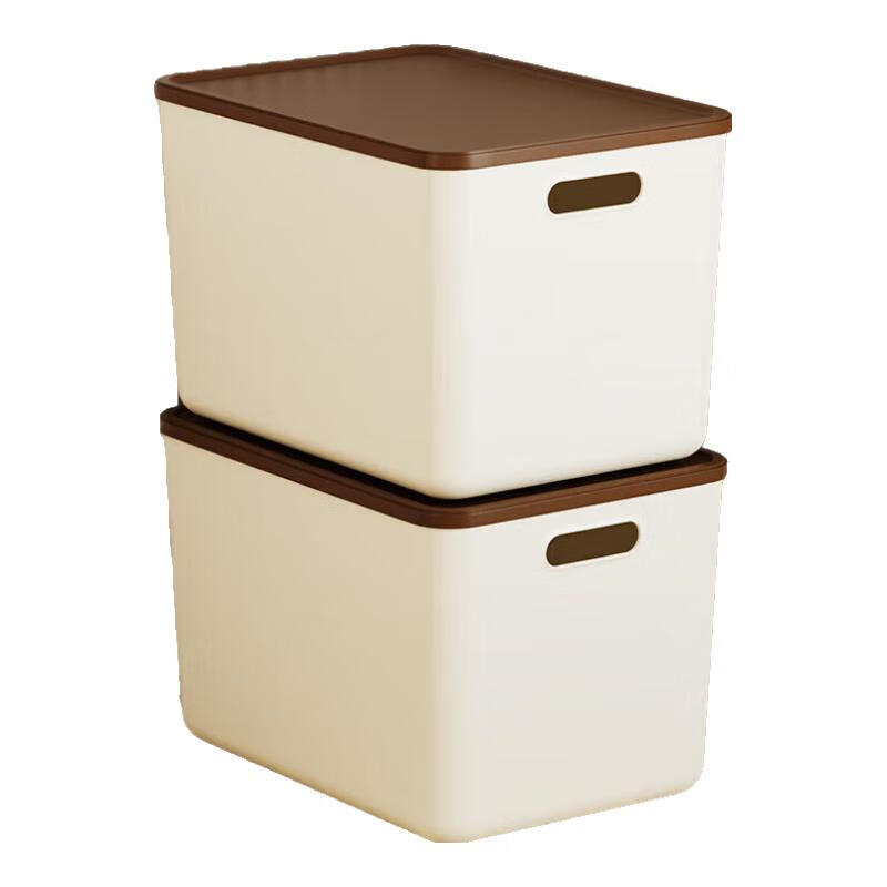 稻草熊桌面收纳盒家用杂物零食化妆品整理收纳箱长方形带盖储物箱收纳篮 奶咖极简收纳盒【35*25*20.5cm】 3个装