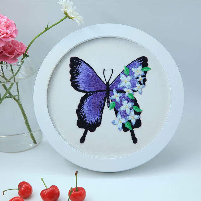 刺绣手工diy材料包十字绣刺绣diy材料包初学者蝴蝶圆形挂画 鲁绣 蝴蝶